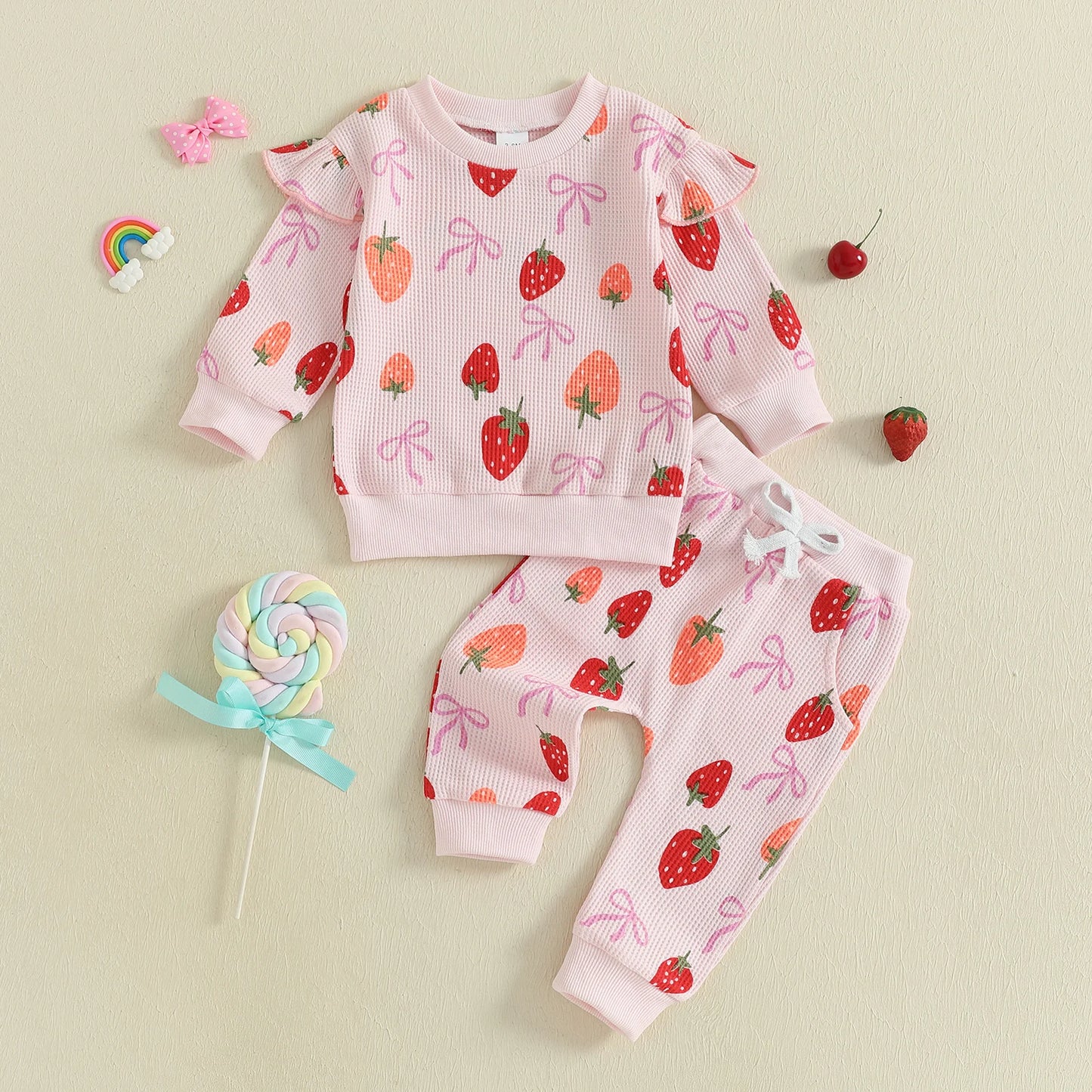 Baby Toddler Girls 2Pcs Fall Set Fashionable Strawberry Print Long Sleeve Pullover Top Bow Jogger Pants Outfit