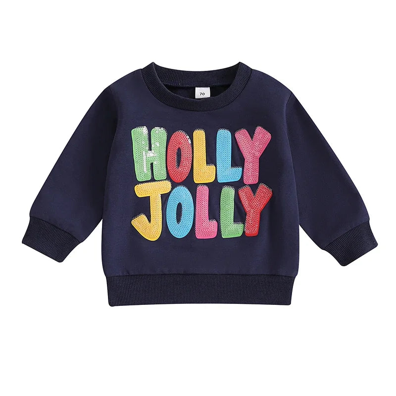 Baby Toddler Kids Boys Girls Holly Jolly Christmas Long Sleeve O Neck Sequins Letter Embroidery Pullover Top