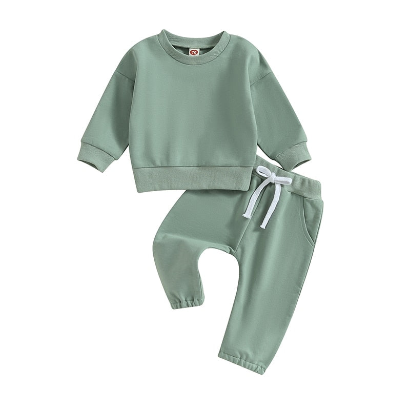 Baby Toddler Girls Boys 2Pcs Fall Sets Solid Long Sleeve Tops Pants Outfit