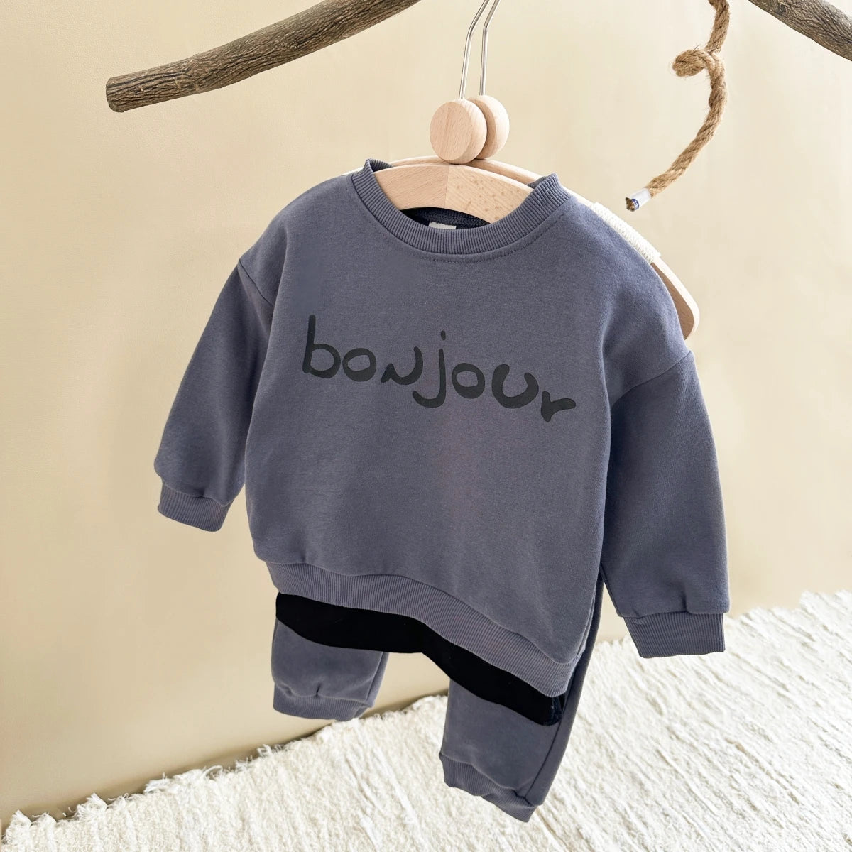 Baby Toddler Boys Girls 2Pcs Bonjour Letter Long Sleeve Top + Pants Jogger Set Outfit