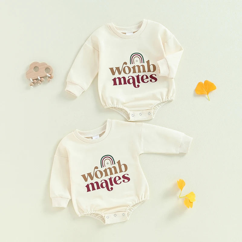 Baby Girls Boys 2Pcs Womb Makes Bubble Rompers Twins Clothes Rainbow Letter Print Long Sleeve Bodysuits