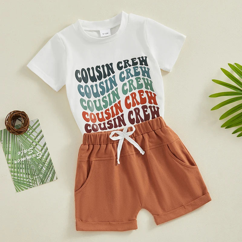 Toddler Baby Girl Boy 2Pcs Cousin Crew Summer Outfits O-Neck Short Sleeve Letter Print Top + Elastic Waist Shorts Set Matching Family Cousins