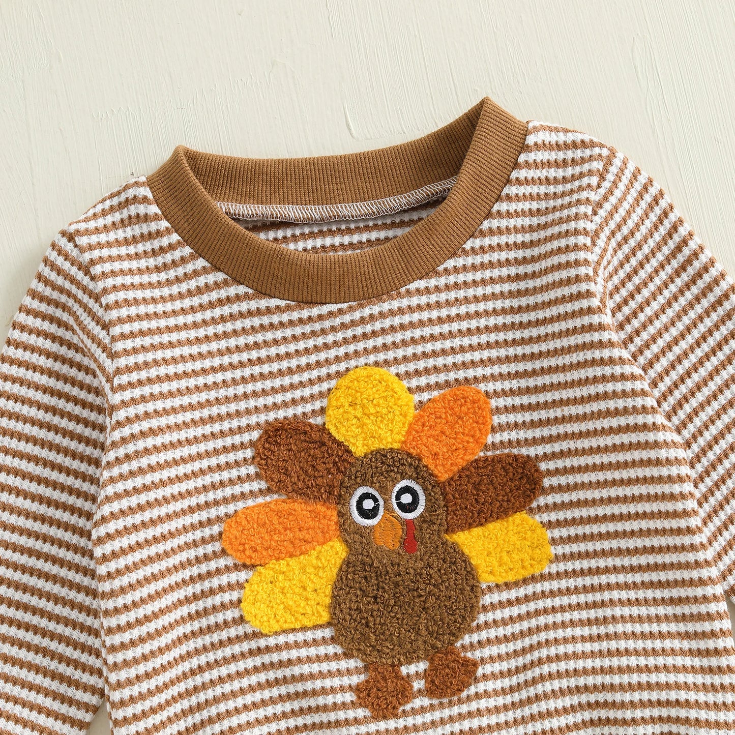 Baby Toddler Girls Boys 2Pcs Thanksgiving Outfits Turkey Embroidery Striped Long Sleeve Top and Elastic Pants Jogger Set