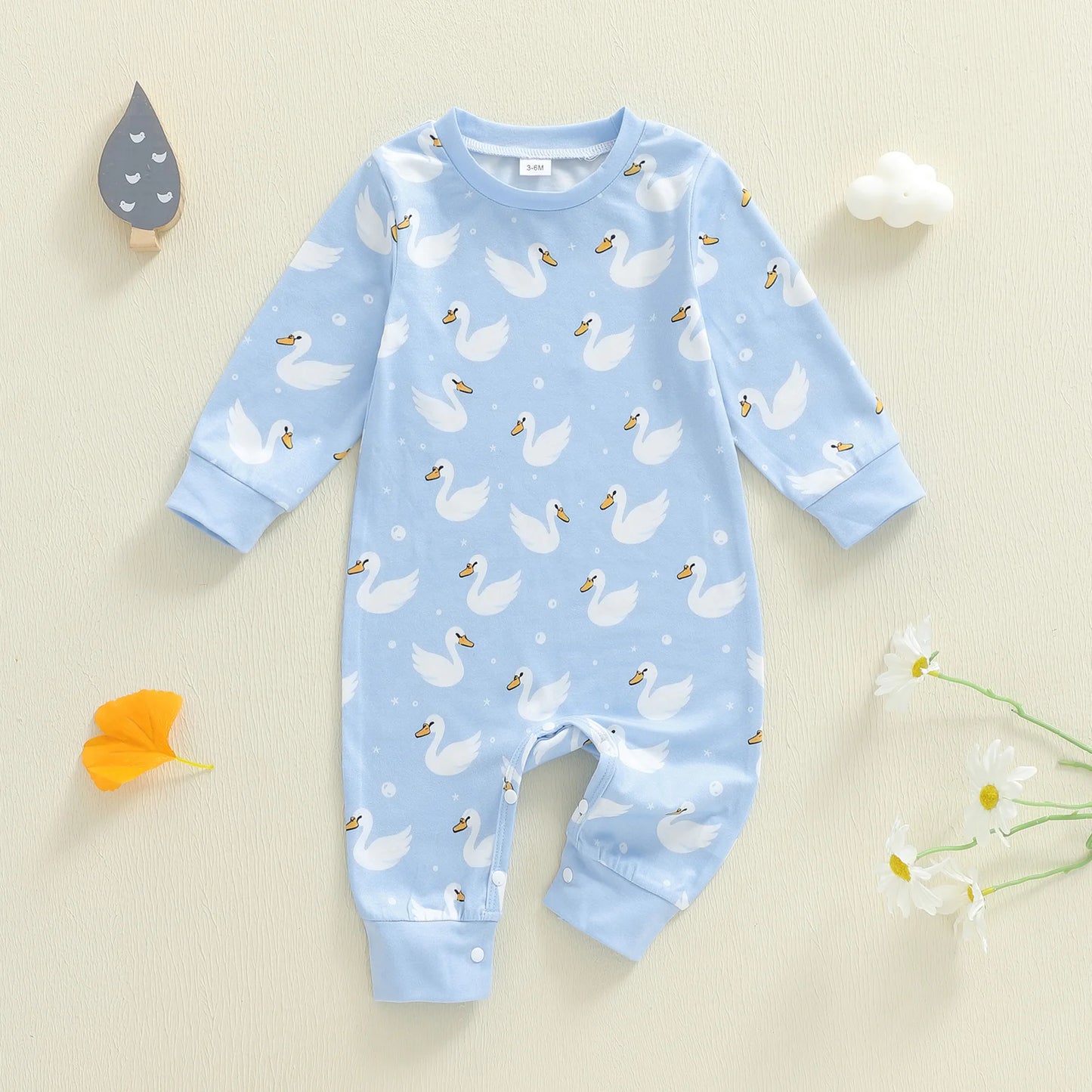 Baby Boys Girls Romper Comfortable Geese Print Crew Neck Long Sleeve Full Length Jumpsuit