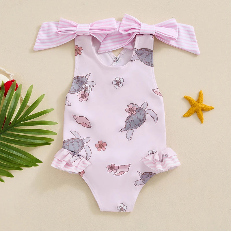 Toddler Kids Girl Summer Swimwear Sleeveless Floral/Turtle Print Ruffle Monokini Swimsuits Bathing Suit Romper