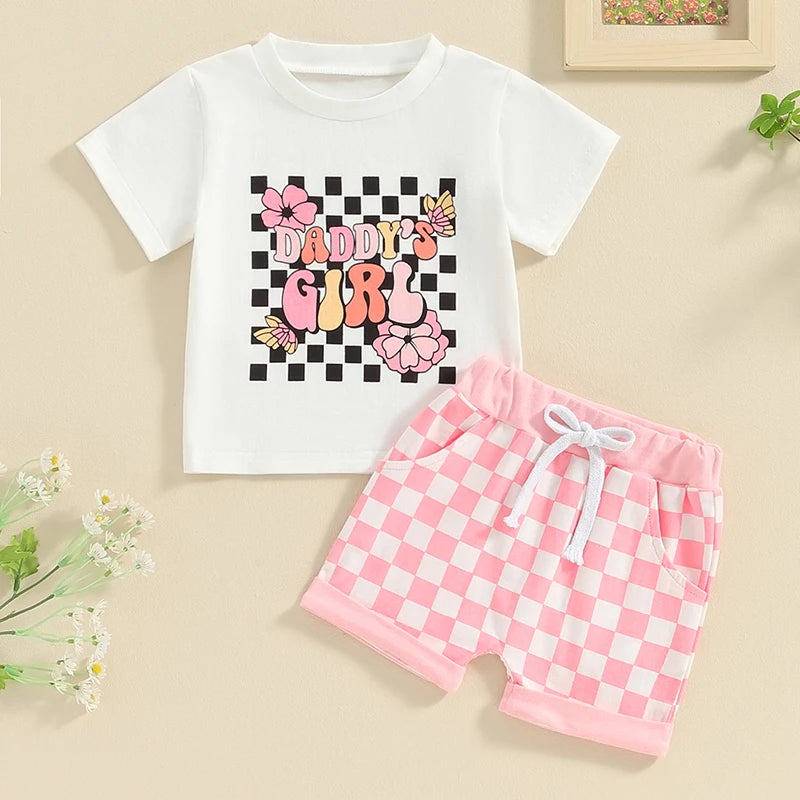 Toddler Baby Girl 2Pcs Outfit Daddy's Girl Letters Flowers Print Short Sleeve Top Checkered Pink Shorts Set