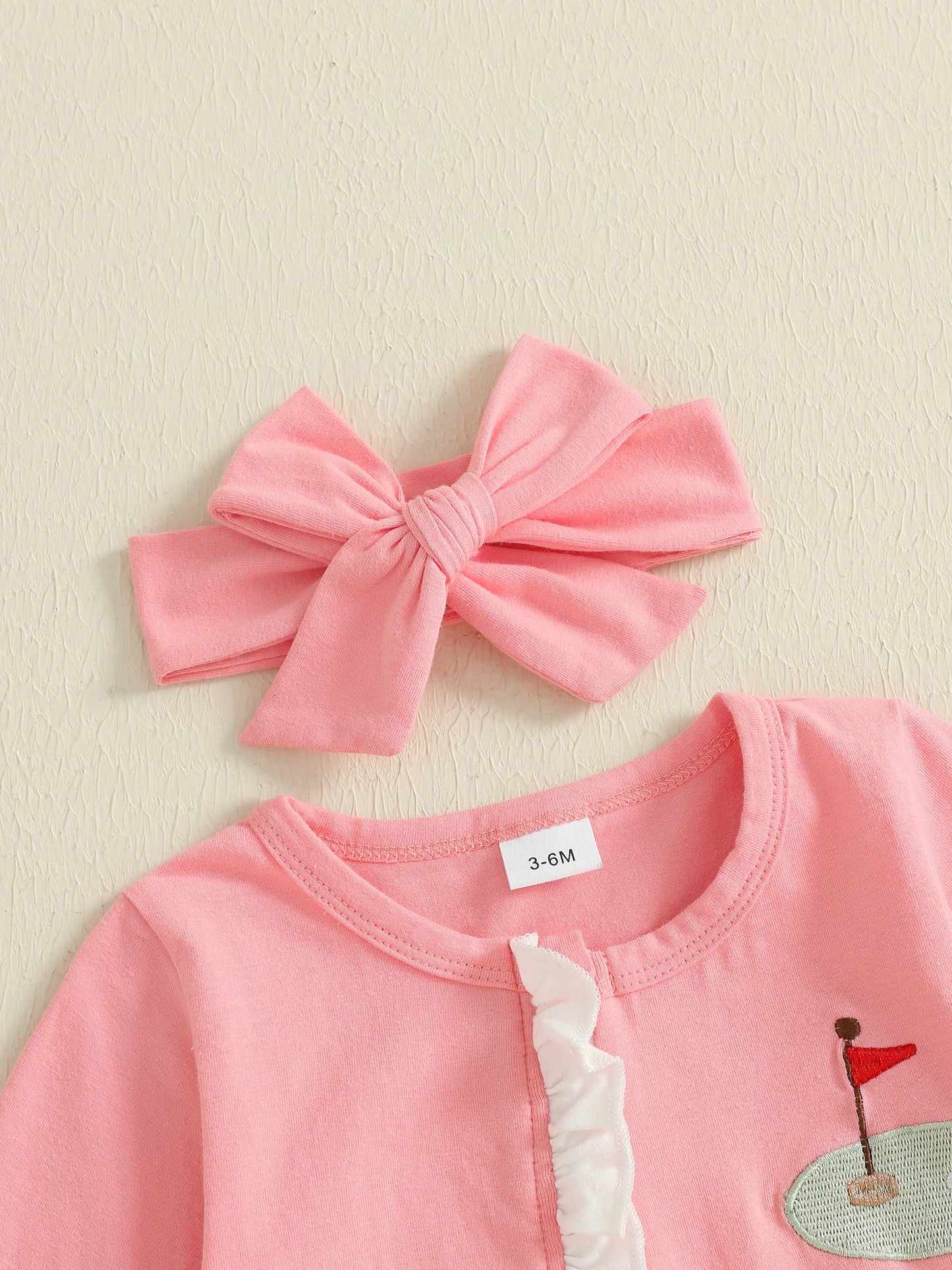 Baby Girls 2Pcs Footies Rompers Golf Embroidered Long Sleeve Round Neck Infant Fall Jumpsuits with Headband Set