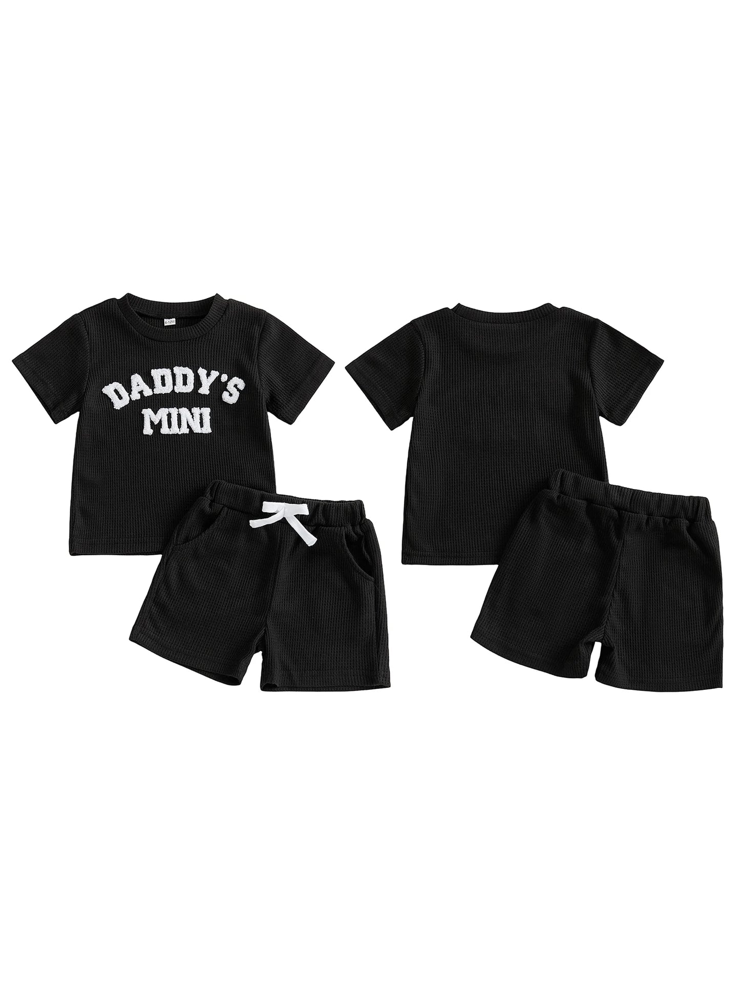 Baby Toddler Boys 2Pcs Daddy's Mini Summer 2 Piece Outfits Short Sleeve Round Neck Letter Embroidery Waffle Top and Shorts Set
