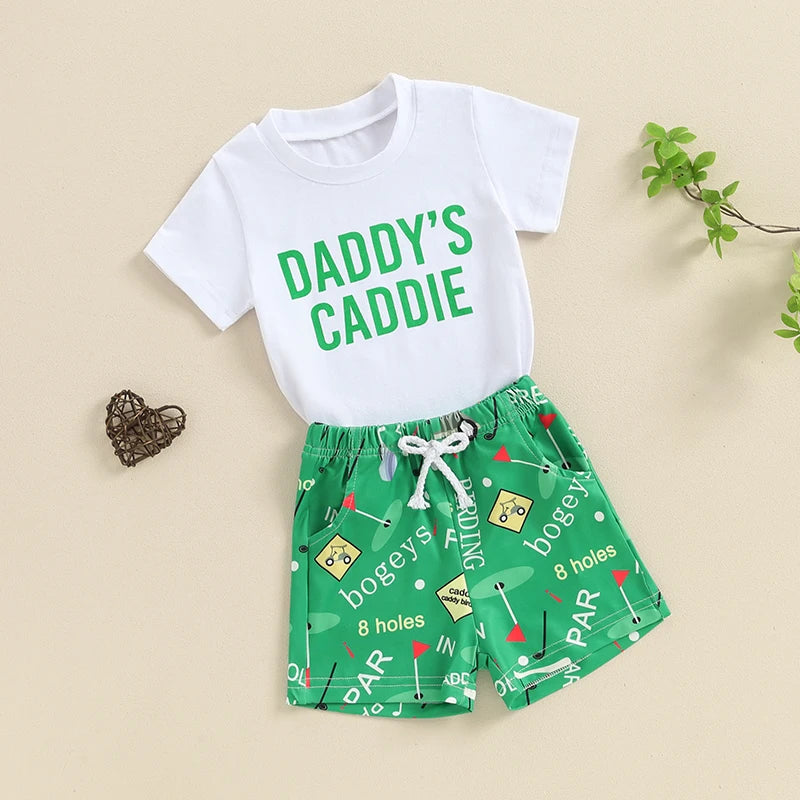 Baby Toddler Boys 2Pcs Daddy's Caddie Summer Outfit Letter Print Short Sleeve Top with Elastic Waist Golf Pattern Shorts Clothes Set