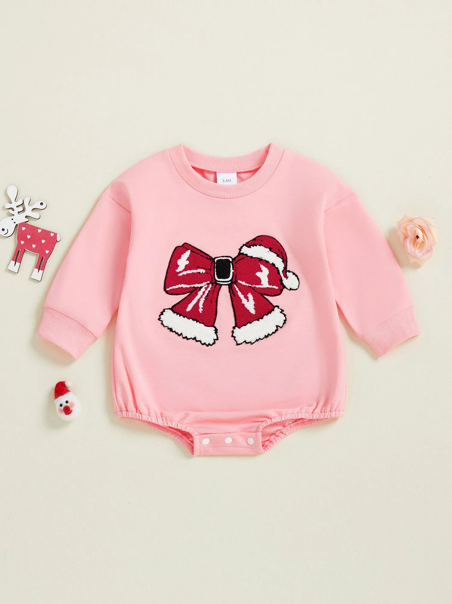 Baby Girl Christmas Romper Bow Embroidered Crewneck Long Sleeve Top Jumpsuit Cute Winter Fall Clothes