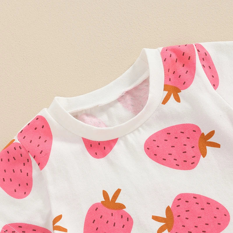 Baby Toddler Girls 2Pcs Outfit Strawberry Print Short Sleeve Top and Elastic Shorts Set Cute Summer Clothes