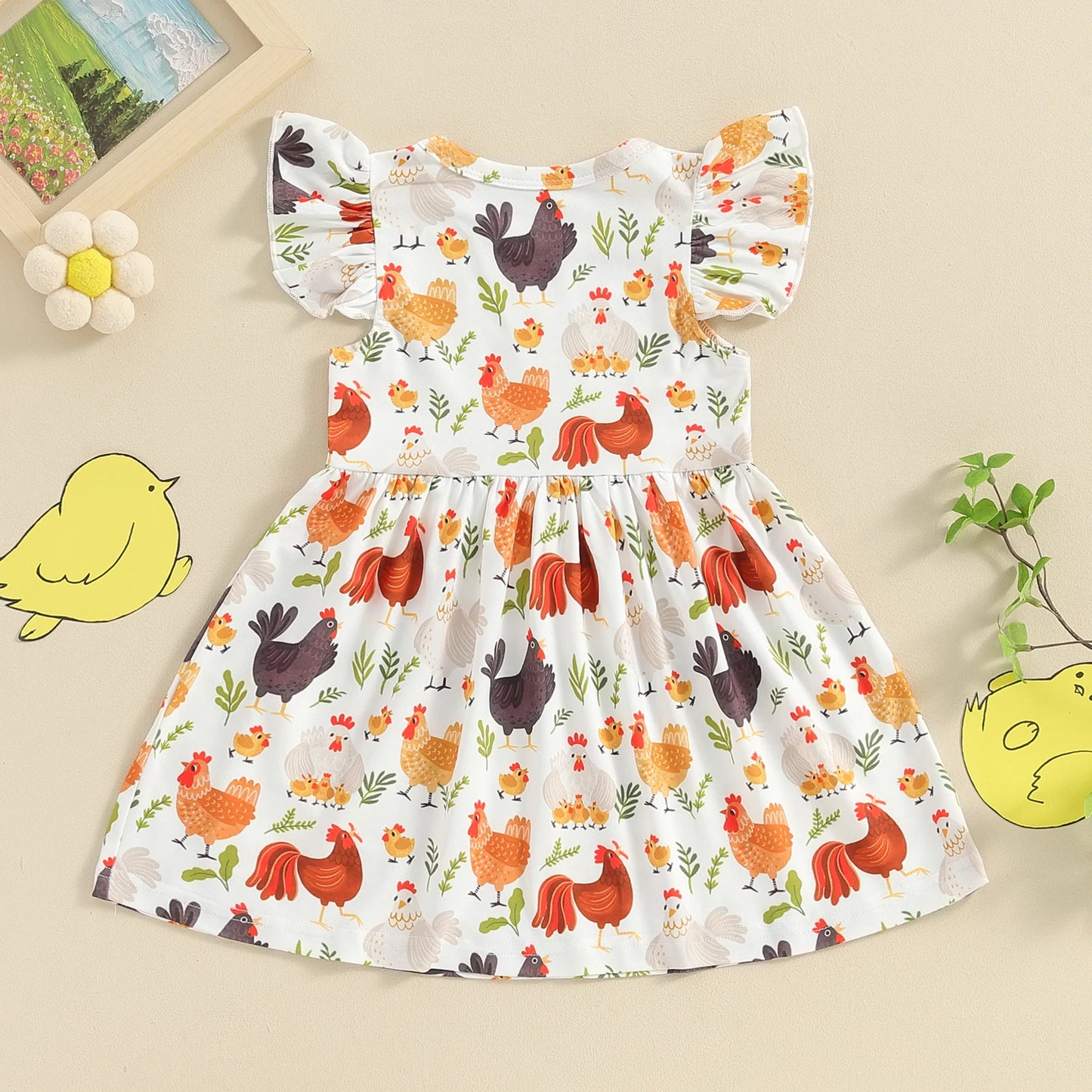 Baby Toddler Girls Dress Farm Rooster Hen Print Fly Short Sleeve Crew Neck Dress Summer Fall