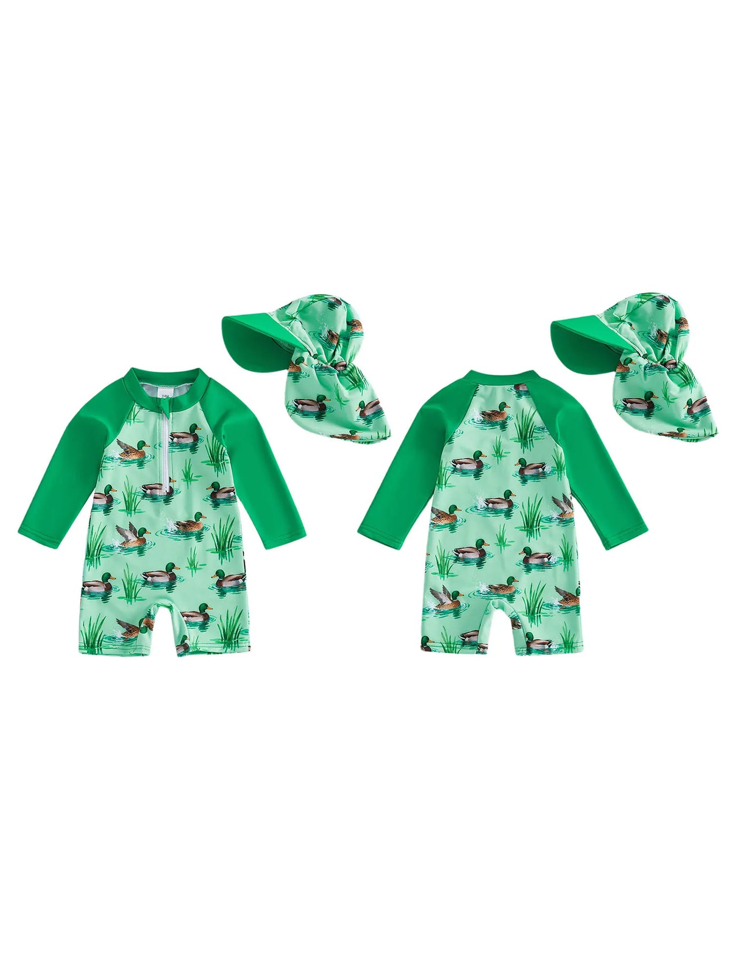 Baby Toddler Boy 2Pcs Rash Guard Swimsuit Shark Duck Print Long Sleeve Zip Up Bathing Suit with Sun Cap Hat Set