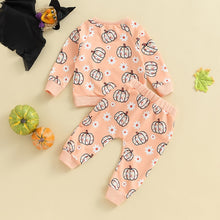 Load image into Gallery viewer, Baby Toddler Girl 2 Pcs Flower Pumpkin Print Long Sleeve Top Halloween Pink Long Pants Outfit Set
