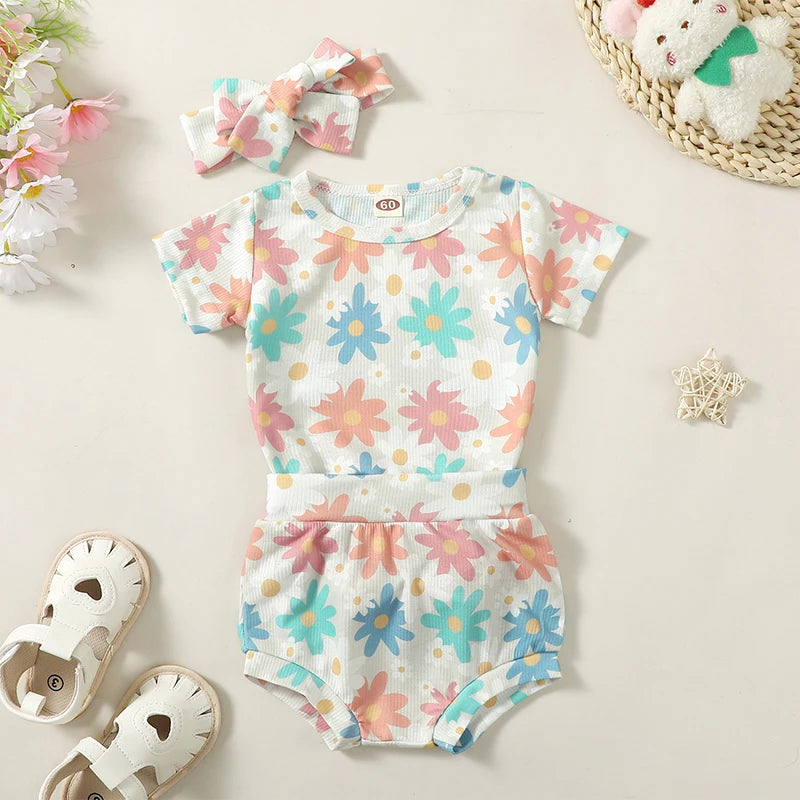 Baby Girls 3Pcs Short Sleeve Floral Flower Print Romper with Matching Shorts and Headband Clothes Set Outfit