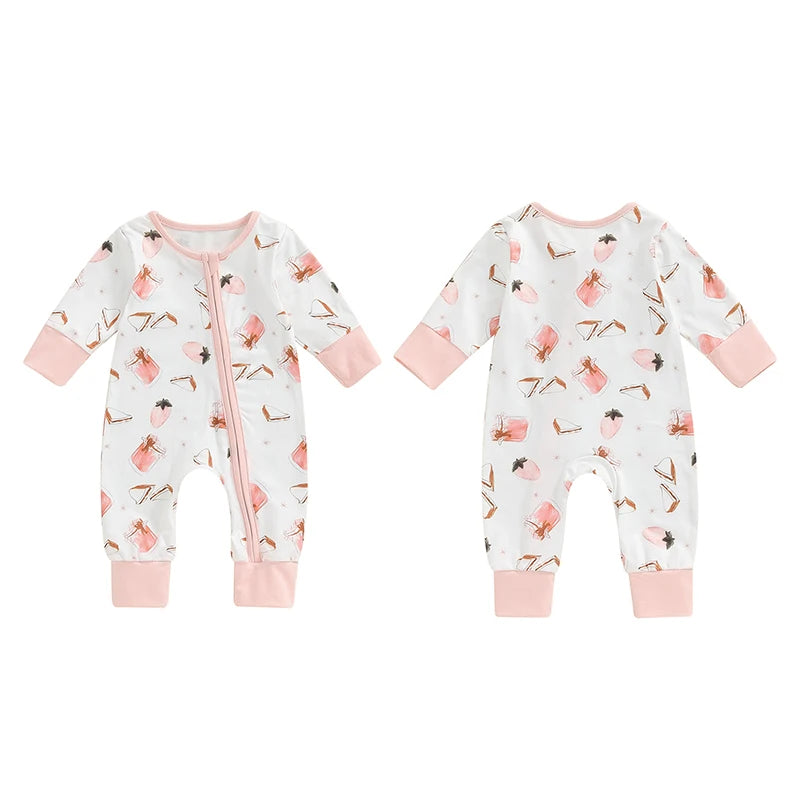 Baby Girls Long Sleeve Romper Strawberry Jam Jar Sandwich Print Front Zipper Jumpsuit