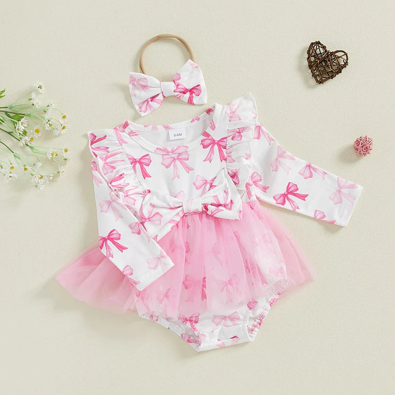 Baby Girls 2Pcs Romper Dress Bow Print Ruffled Trim Long Sleeve Tutu Jumpsuit Headband Outfit Set