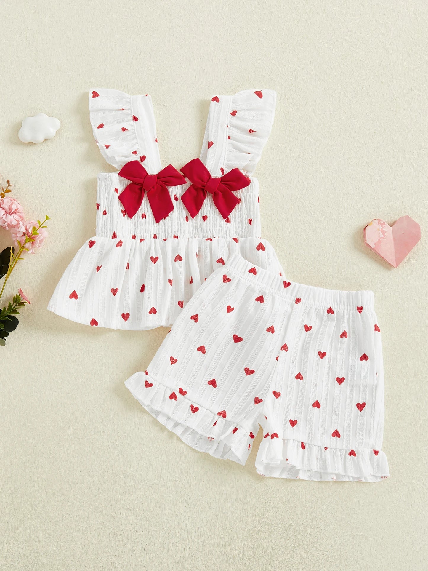 Baby Toddler Girls 2Pcs Valentine's Day Heart Print Ruffle Sleeve Tank Top and Shorts Set for a Sweet Holiday Look