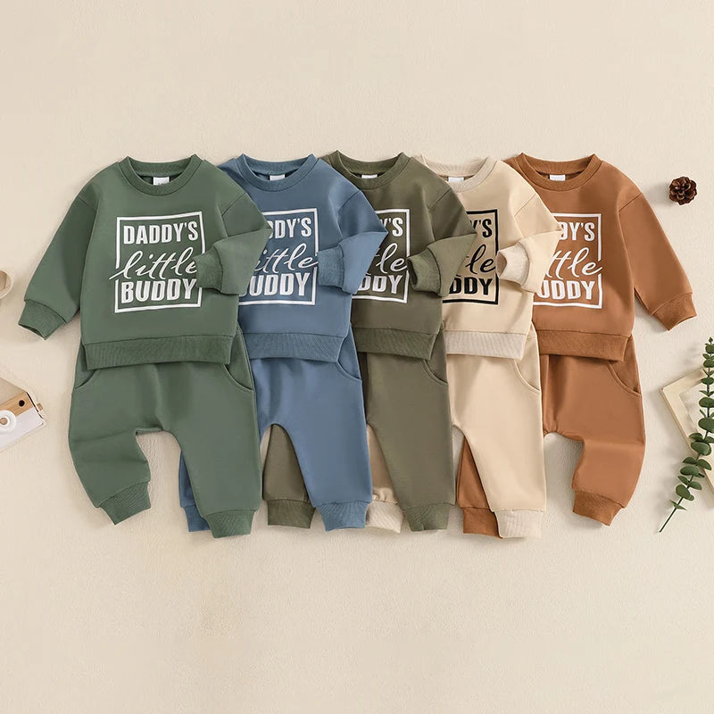 Baby Toddler Boys 2Pcs Daddy's Little Buddy Jogger Set Long Sleeve Letters Print Top with Elastic Waist Pants Outfit