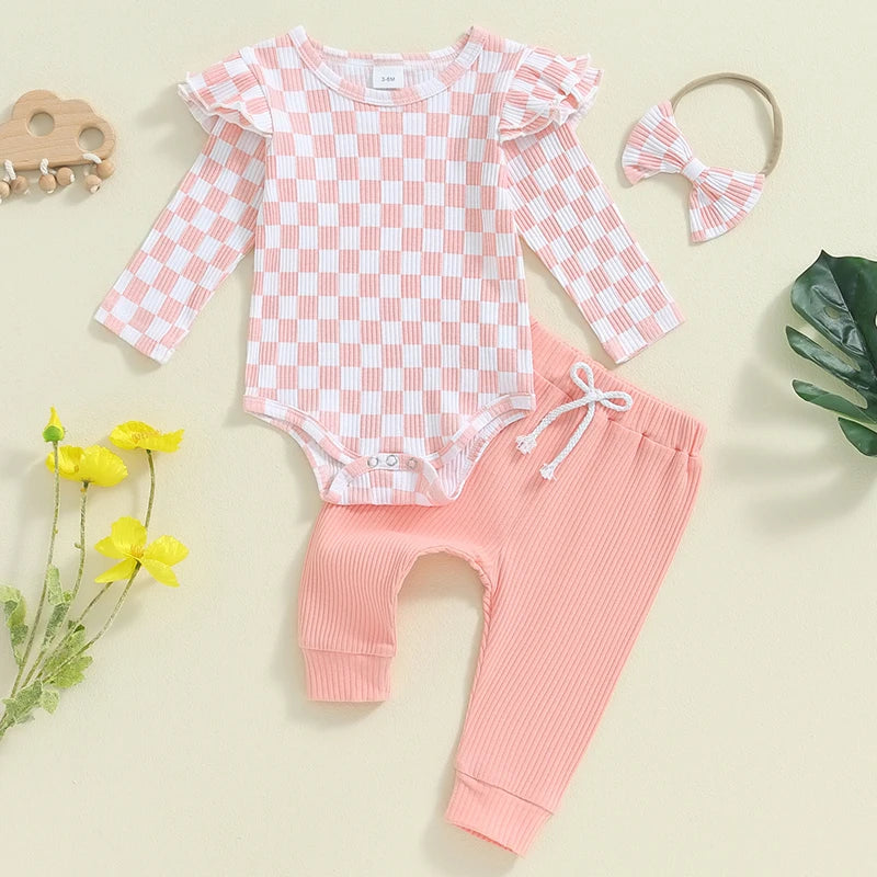 Baby Girls 3Pcs Fall Outfit Checkered Print Long Sleeve Romper Solid Color Long Pants Headband Set