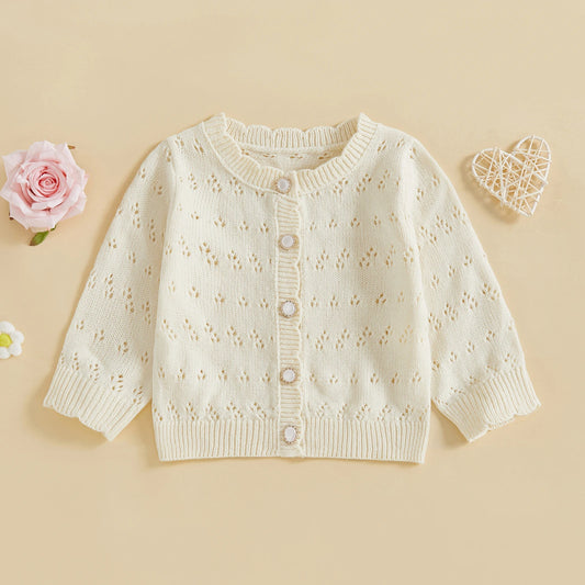 Baby Toddler Girl Knit Cardigan Solid Color Long Sleeve Crew Neck Button Down Lightweight Sweater