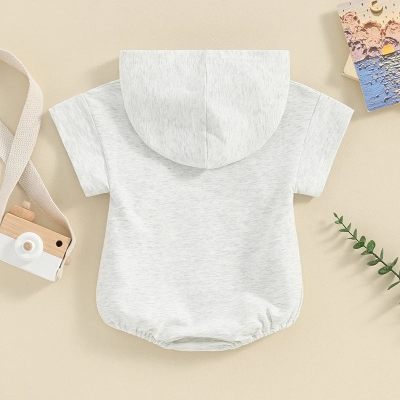 Baby Boy Girl Solid Color Hooded Bodysuit Oversized Short Sleeve Bubble Jumpsuit Pocket Spring Summer Clothes