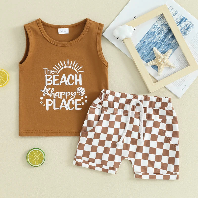 Baby Toddler Boys 2Pcs Beach Bum / The Beach Happy Place / Beach Calling Car Letter Print Sleeveless Tank Top and Checkered Elastic Waist Shorts Clothes Set Outfit