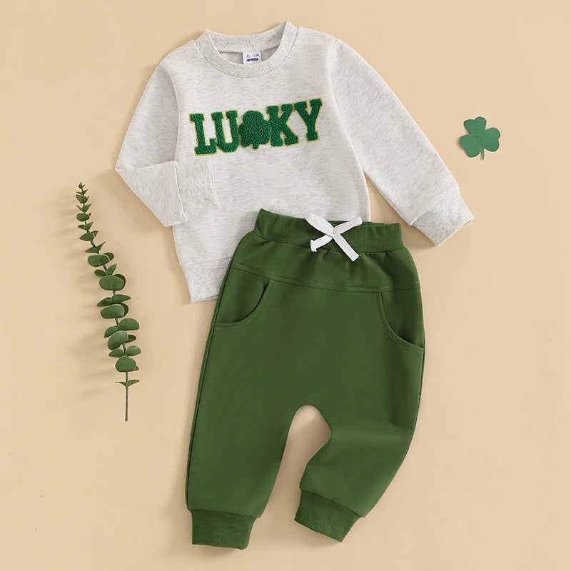 Baby Toddler Girl Boy 2Pcs Lucky St. Patrick's Day Spring Outfit Letter Shamrock Four Leaf Clover Embroidery Long Sleeve Crewneck Top with Elastic Waist Solid Pants Jogger Set