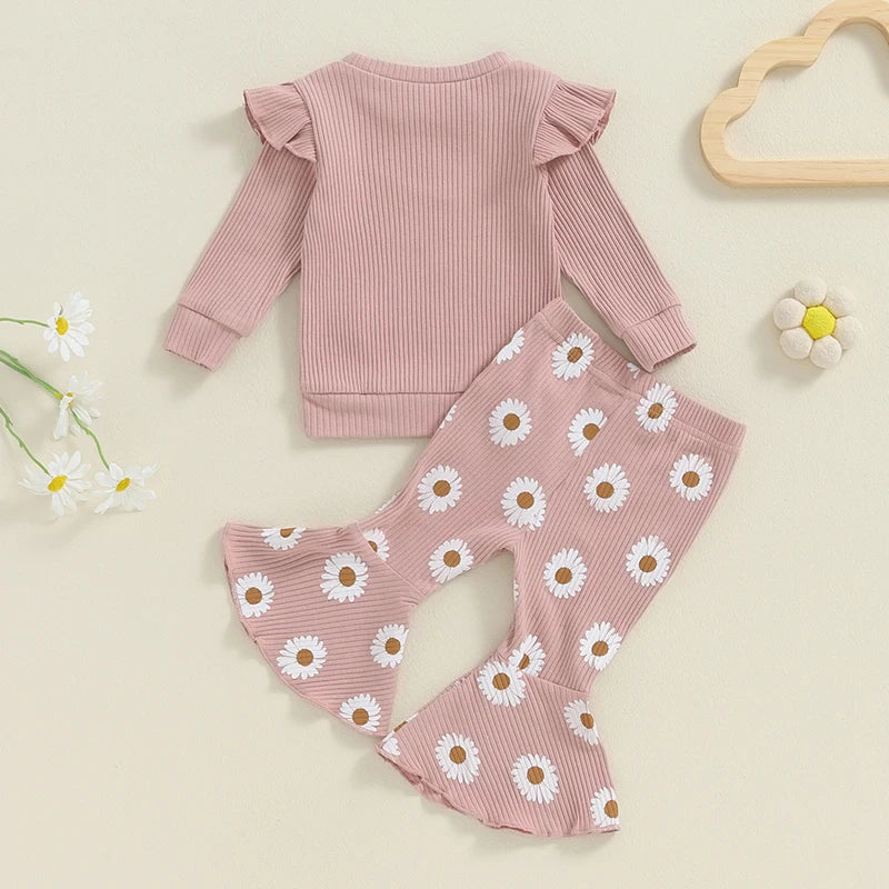 Baby Toddler Girls 2Pcs Daddy's Girl Outfit Letter Print Frill Shoulder Long Sleeve Ribbed Top Flower Daisy Print Flare Long Pants Set