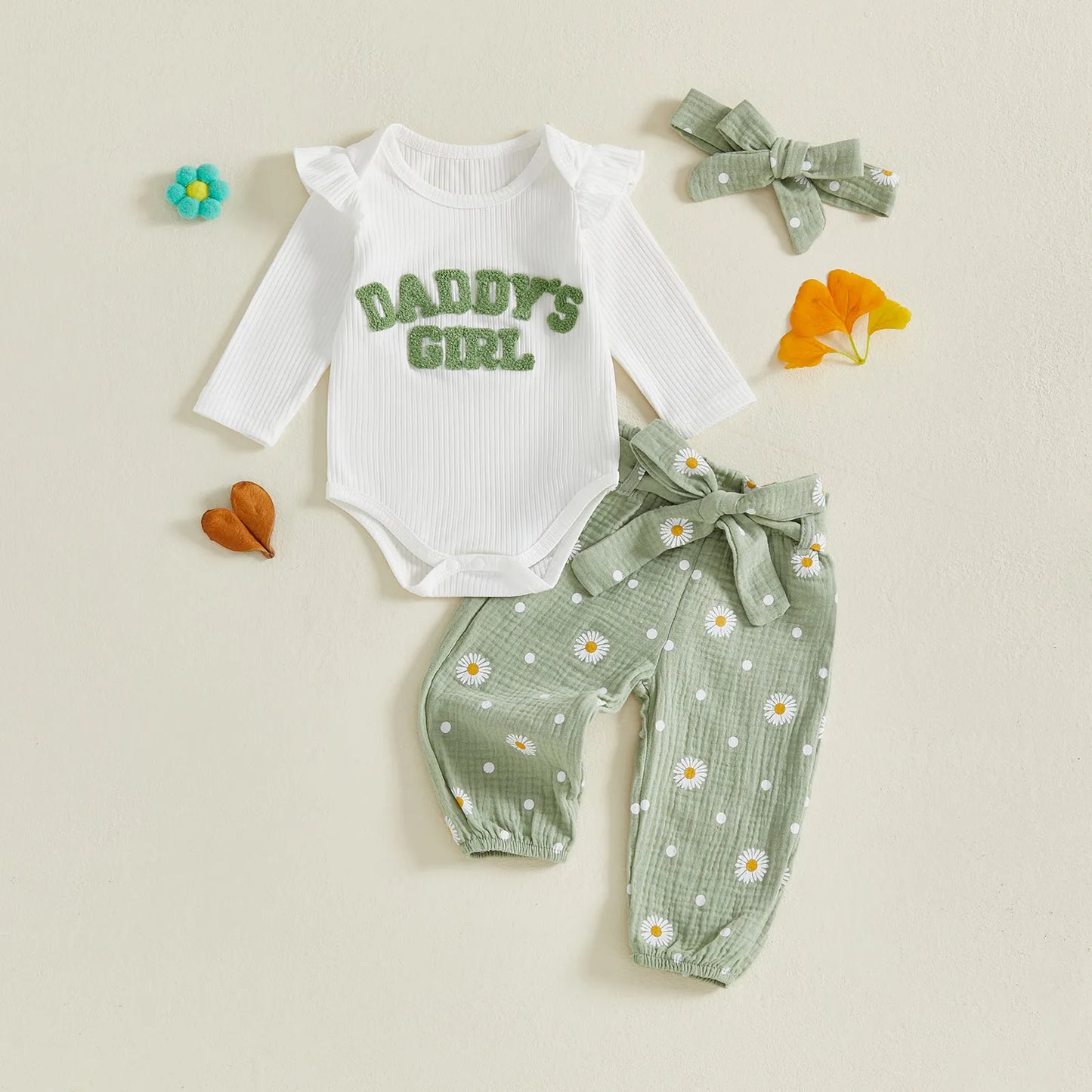 Baby Toddler Girls 3Pcs Daddy's Girl Fall Outfit Letter Embroidery Long Sleeve Romper Daisy Print Pants with Belt and Headband Set