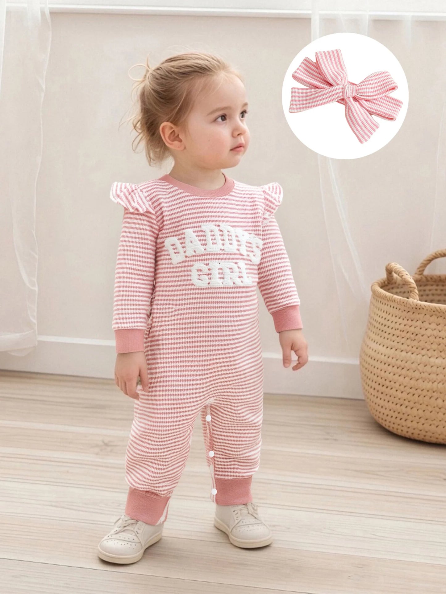 Baby Girls 2Pcs Daddy's Girl Striped Romper Letter Embroidery Ruffled Long Sleeves Jumpsuits and Cute Headband Set