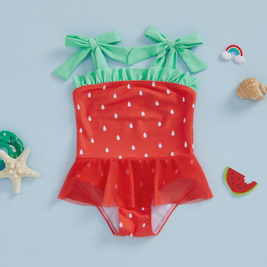 Baby Toddler Girls Swimsuit Watermelon Print Sleeveless Tie Shoulder Bathing Suit Baby Swimwear Romper