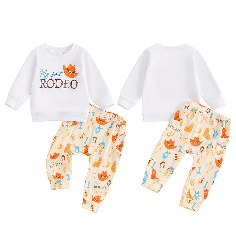 Baby Toddler Boys Girls 2Pcs My First Rodeo Set Cowboy Letter Print Long Sleeve Round Neck Top Pockets Long Pants Outfit