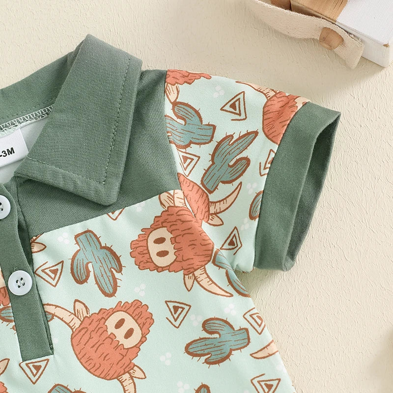 Baby Boy Romper Casual Cattle Cow Cactus Print Collar Short Sleeve Jumpsuit