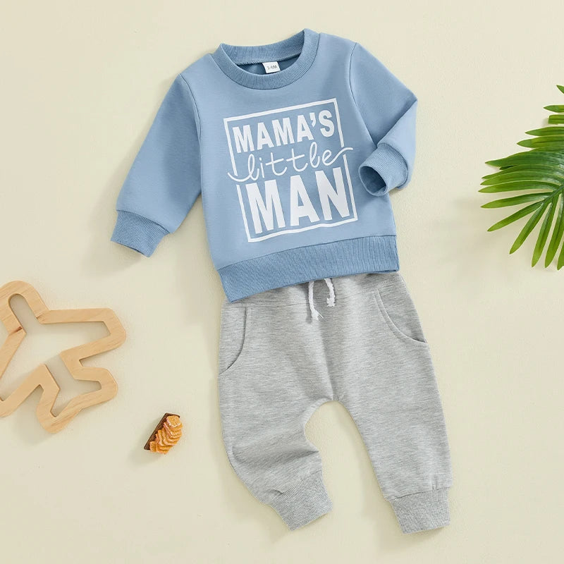 Baby Toddler Boys 2Pcs Fall Clothes Mama's Little Man Letter Print Long Sleeve Top and Elastic Pants Outfit Set