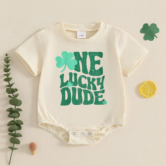 Baby Boys One Lucky Dude St. Patrick's Day Letters Shamrock Romper Infant Irish Clothes Short Sleeve Jumpsuit