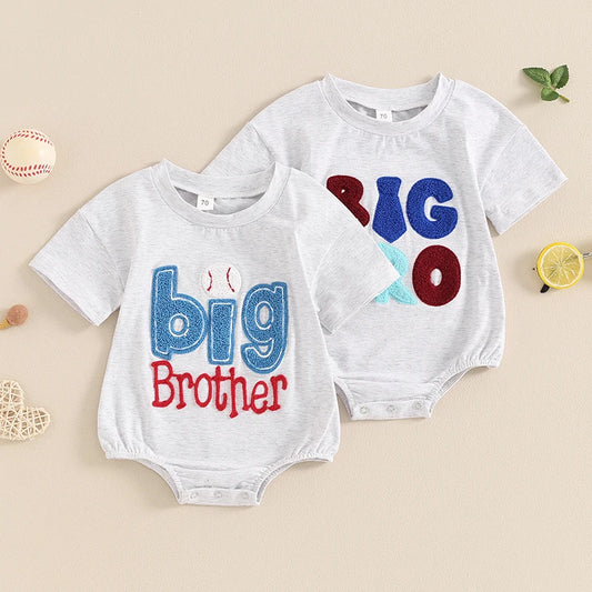 Baby Girl Boy Romper Short Sleeve Crew Neck Big Lil Bro Baseball Brother Big Sis Sister Letter Embroidery Bodysuit