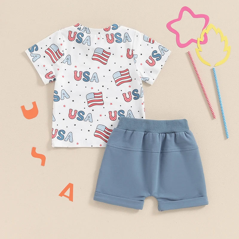 Baby Toddler Boys 2Pcs 4th of July USA Outfit Short Sleeve Letter Flag/Star Checkerboard Print Top Drawstring Shorts Set