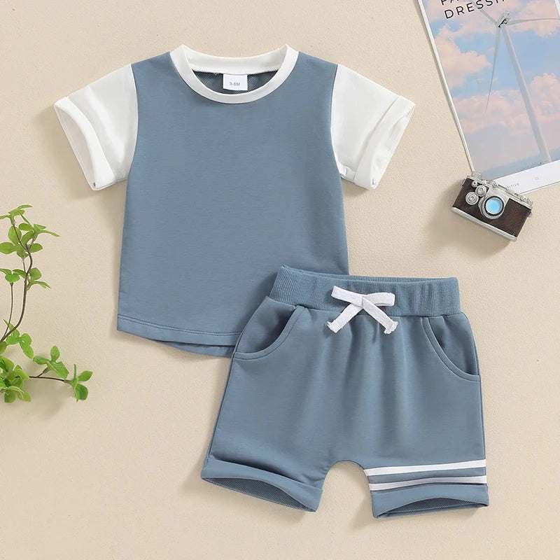 Toddler Baby Boys 2Pcs Short Sleeve Contrast Color Top and Drawstring Shorts Stripes Set Outfit