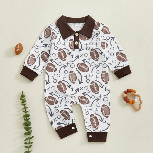 Baby Boy Fall Romper Casual Collared Football Print Lapel Long Sleeve Jumpsuit for Game Day