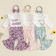 Load image into Gallery viewer, Baby Girls 3Pcs Little Sister Fall Set Frill Sleeve Letter Print Romper Floral Flower Flared Pants Headband Outfit
