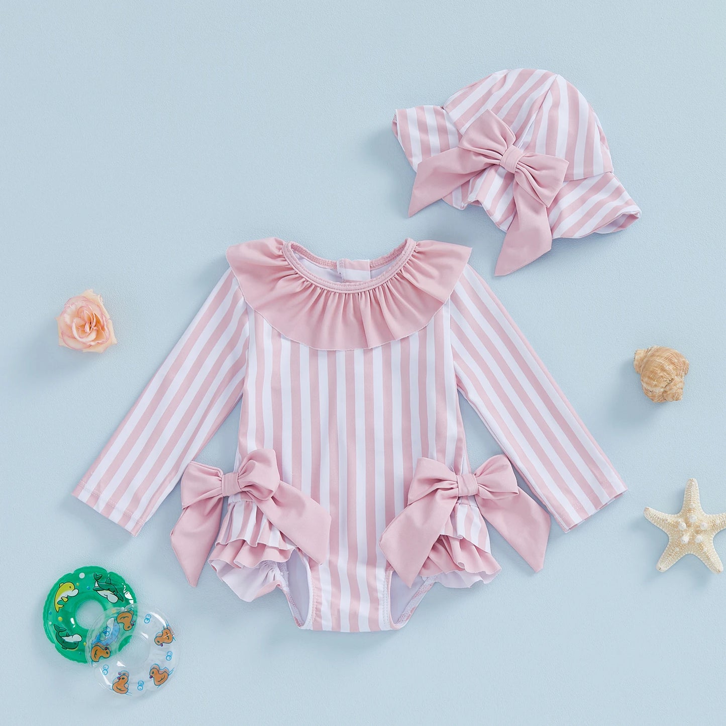Baby Toddler Girls 3Pcs Swimsuit Ruffles Collar Long Sleeve Striped Print Bow Swimwear with Hat Set