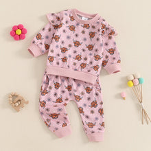 Load image into Gallery viewer, Baby Toddler Girls 2Pcs Fall Set Cattle Print Long Sleeve Round Neck Top Drawstring Pocket Long Pants Outfit
