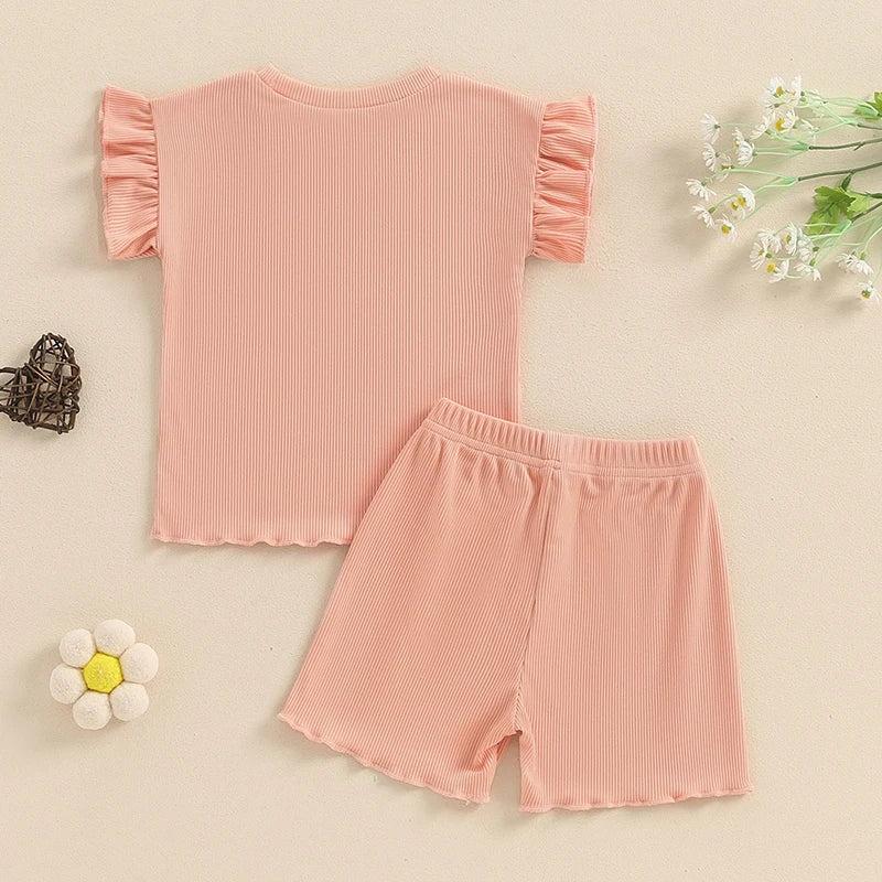 Baby Toddler Girls 2Pcs Summer Outfit Short Sleeve Lettuce Trim Top + Shorts Set