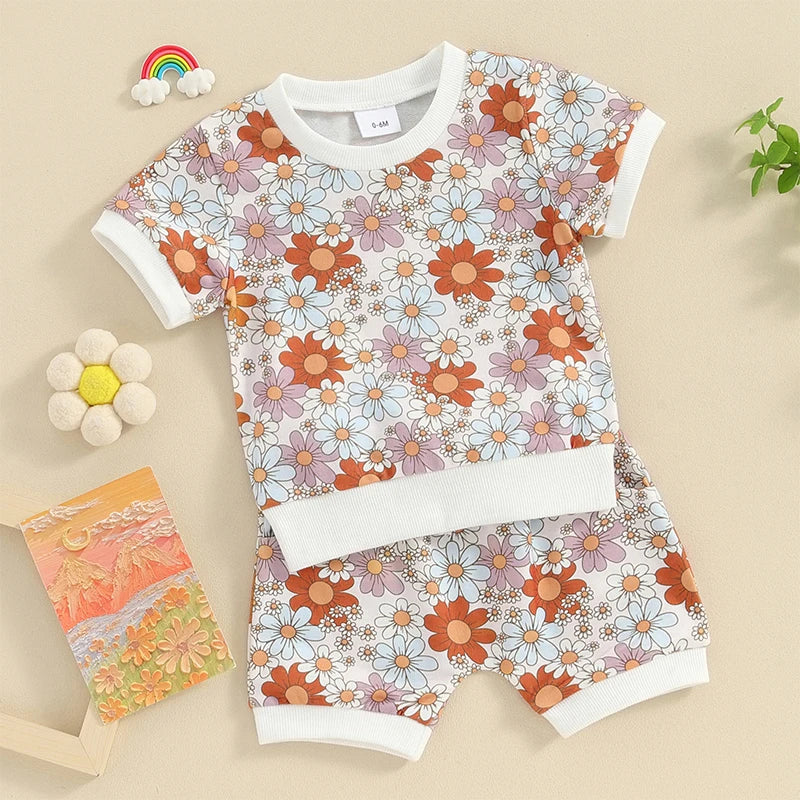 Baby Toddler Girls 2Pcs Summer Clothes Sets Outfits Floral Print Short Sleeve  Top with Pocket Shorts