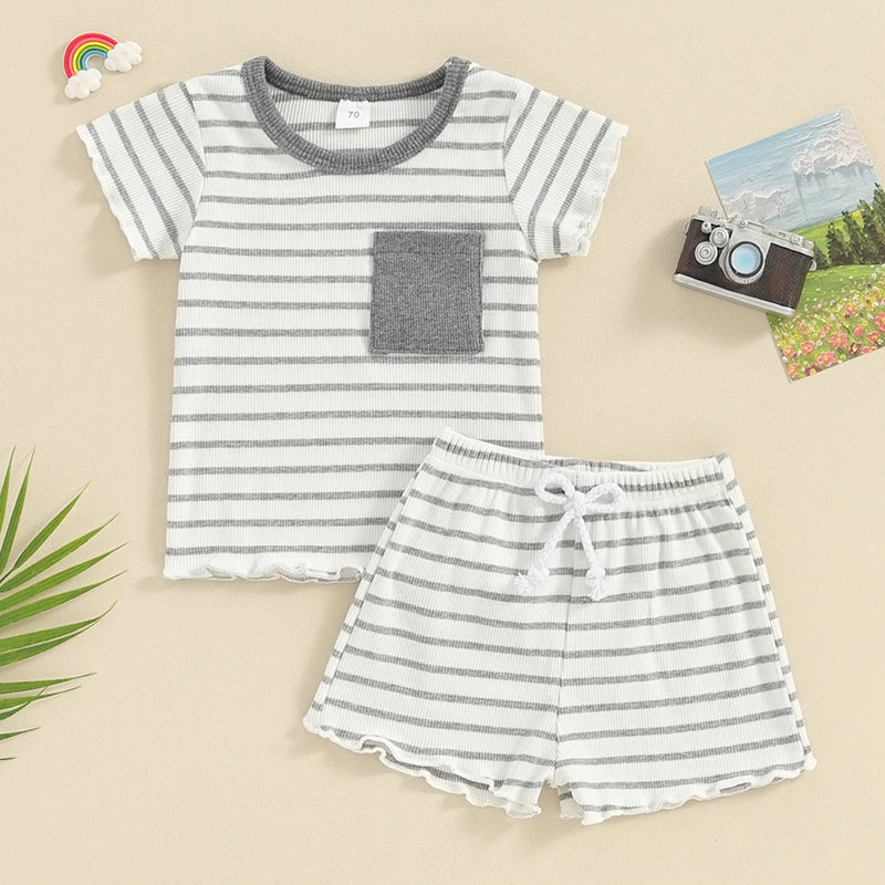 Baby Toddler Girl 2Pcs Summer Outfits Ruffles Short Sleeve Striped Top with Pocket T-Shirt + Matching Shorts Set