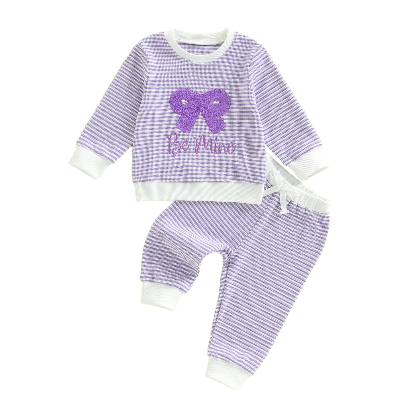 Baby Toddler Girl 2Pcs Valentine's Day Outfit Striped Bow Letter Be Mine / Love Embroidered Long Sleeve Top and Pants 2 Jogger Set