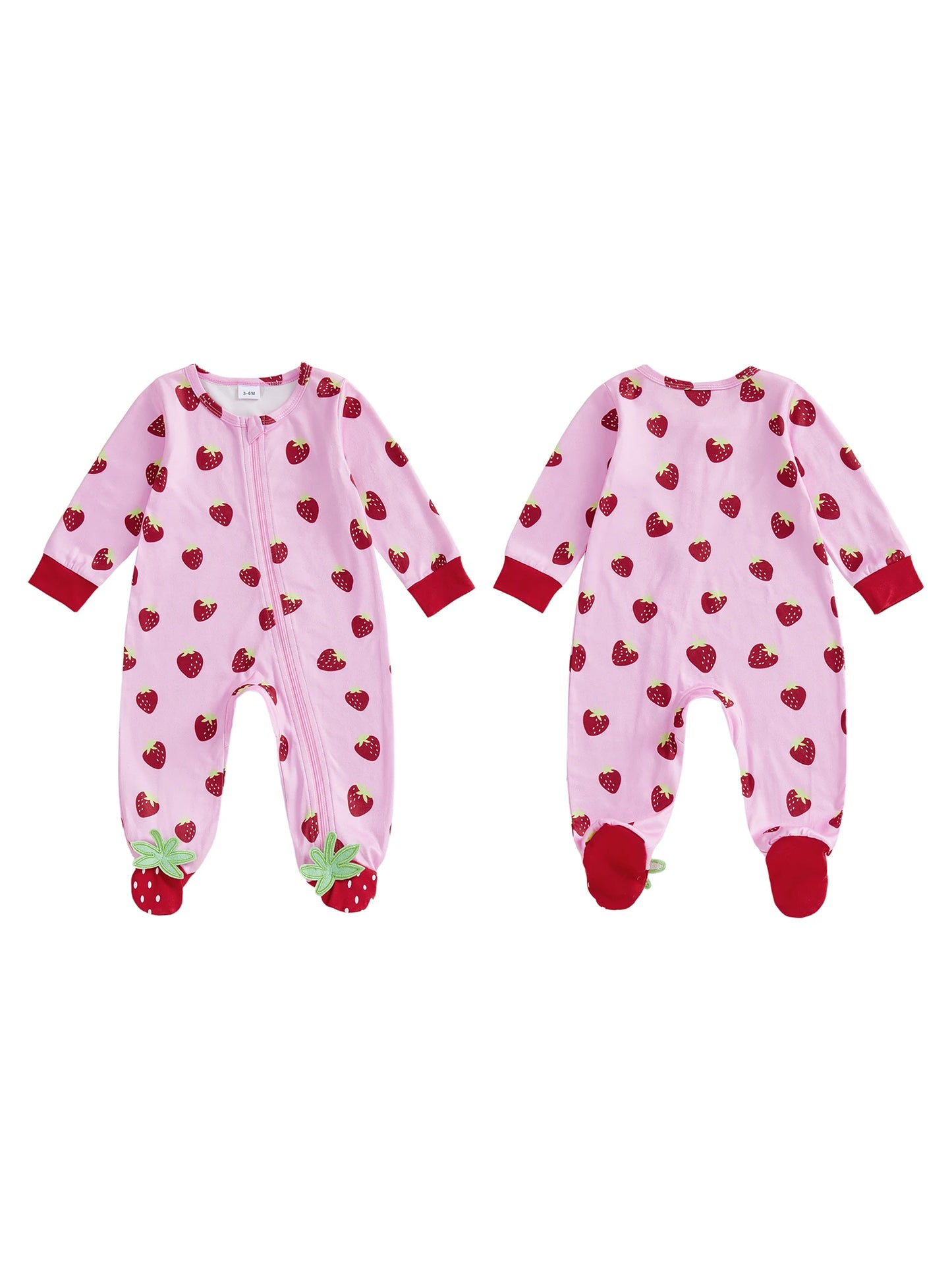 Baby Girls Zipper Romper Long Sleeve Crew Neck Strawberry Print Footed Spring Jumpsuit