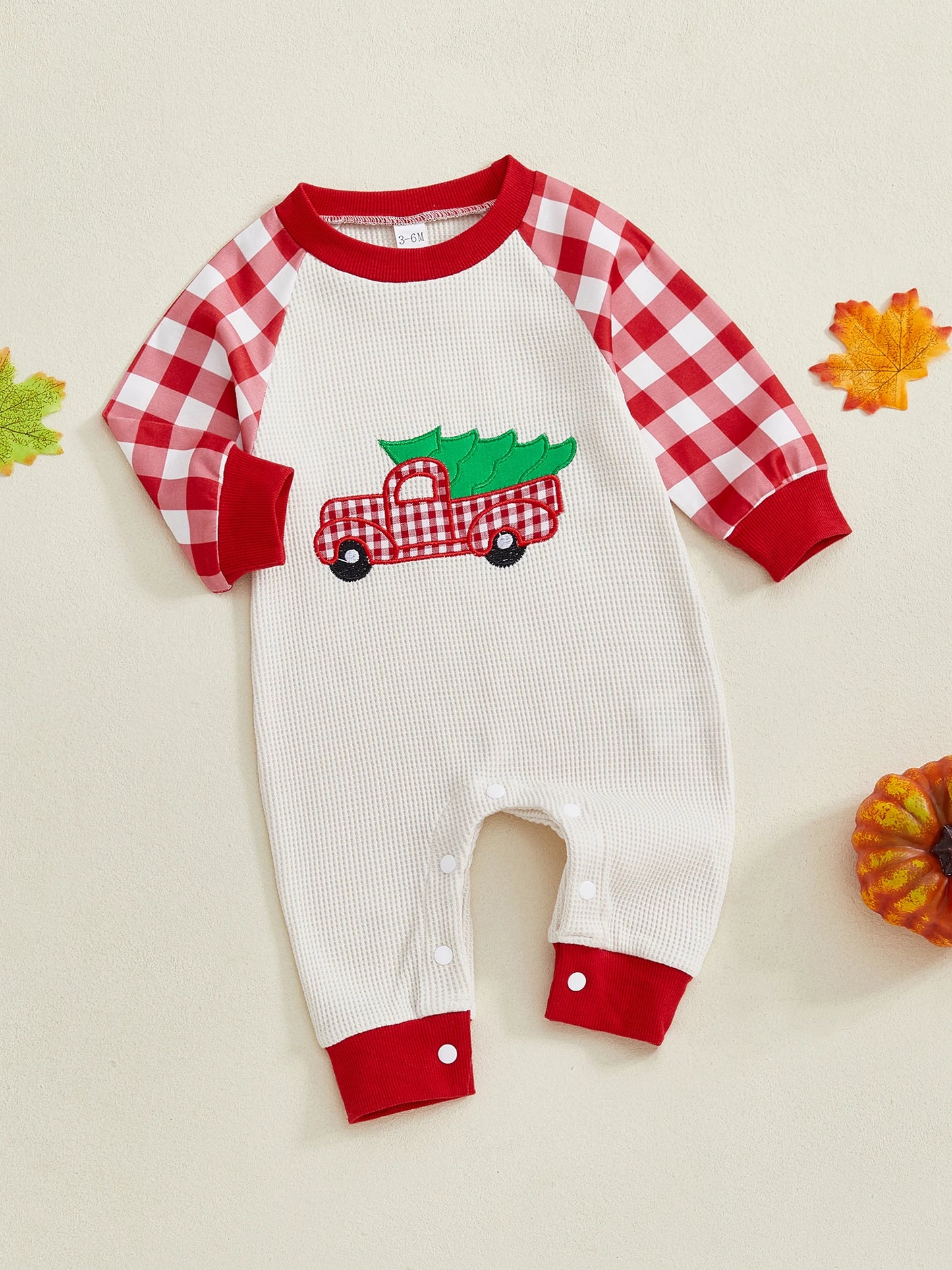 Baby Girl Boy Thanksgiving/Christmas Casual Jumpsuit Long Sleeve Round Neck Car Truck Pumpkin Christmas Tree Embroidery Plaid Romper