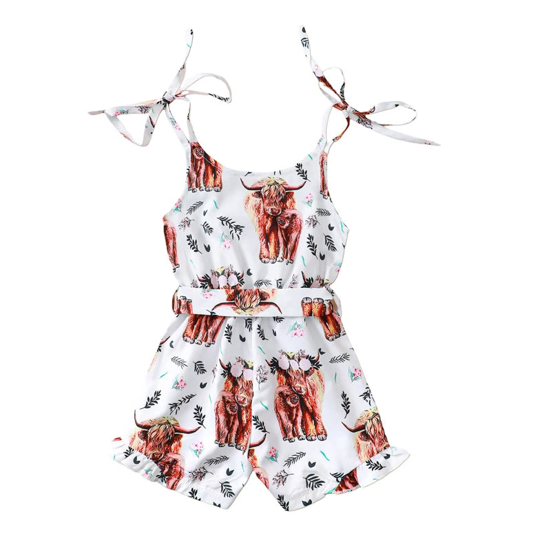 Baby Toddler Kids Girls Summer Romper Casual Western Highland Cow Daisy Flower Print Sleeveless Tie Tank Top Shorts Jumpsuit with Belt